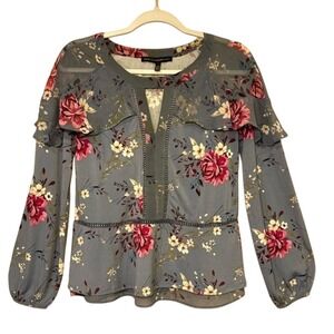 White‎ House Black Market Floral Blouse Ruffle Trim Long Sleeve Blue Pink Small